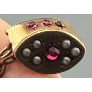 Vintage Watch Chain FOB Gold Filled Dunn & Co Dog Clip Pearl Red Stone FOB